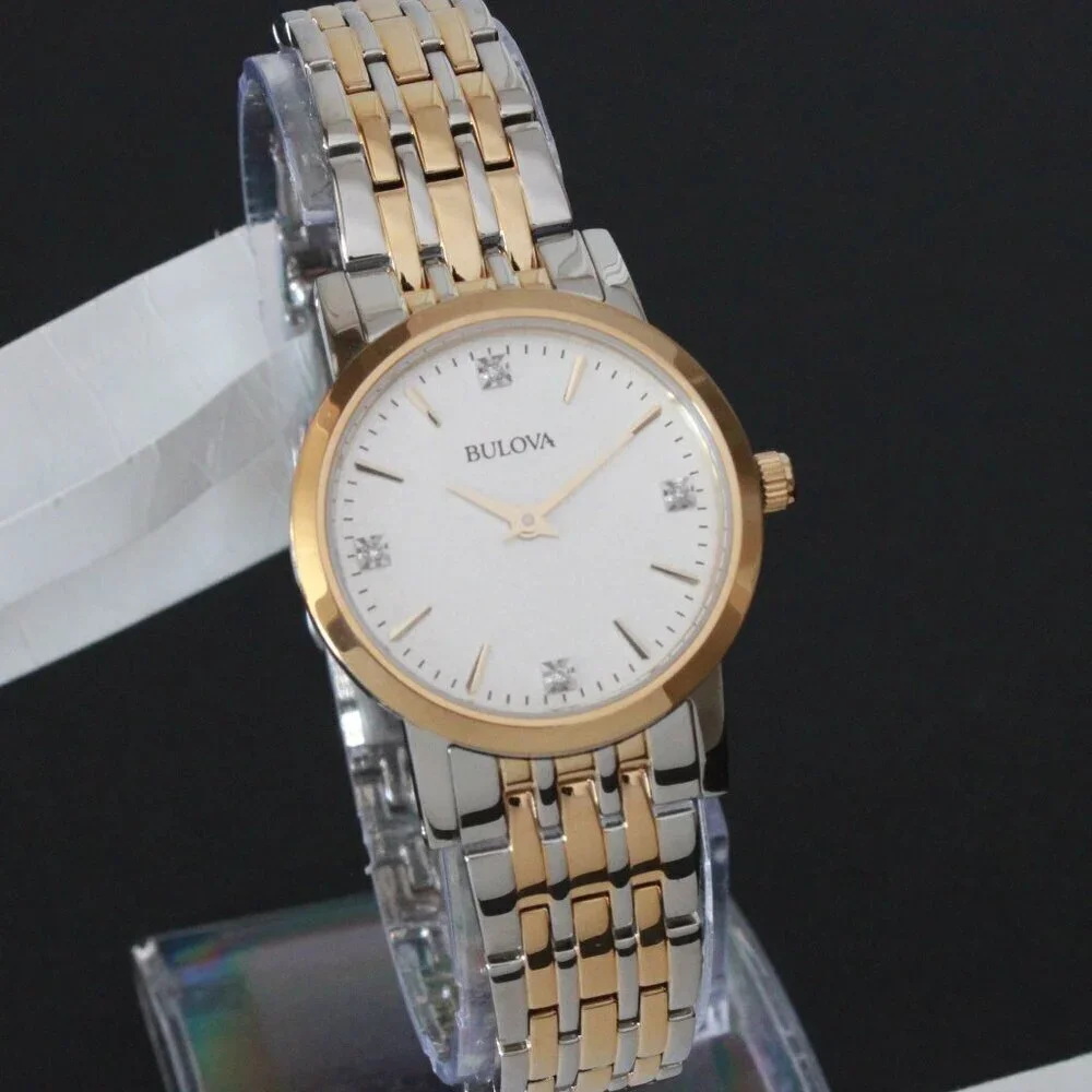 Bulova Ladies Sutton Classic Quartz Watch Four Diamond Accents Two Tone 27mm